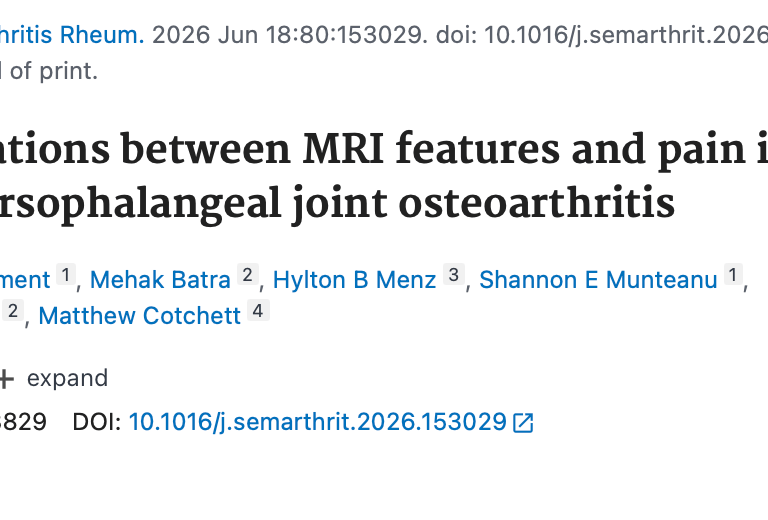 PubMed listing for study on MRI features and pain in first MTP joint osteoarthritis by Rayment et al.