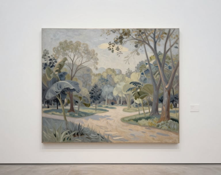 A bright, clean photograph of an impressionist-style landscape painting depicting a lush North American park scene. The artwork uses a soft palette of mist grey and muted sand, displayed on a minimalist white wall in a gallery setting.