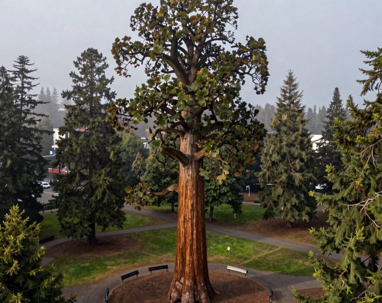 A wide-angle aerial photograph of a Giant Sequoia standing in an urban park in Eugene, Oregon. The tree is surrounded by much smaller deciduous trees and park benches, emphasizing its immense scale. Pacific Northwest atmosphere with misty, slate gray morning light.