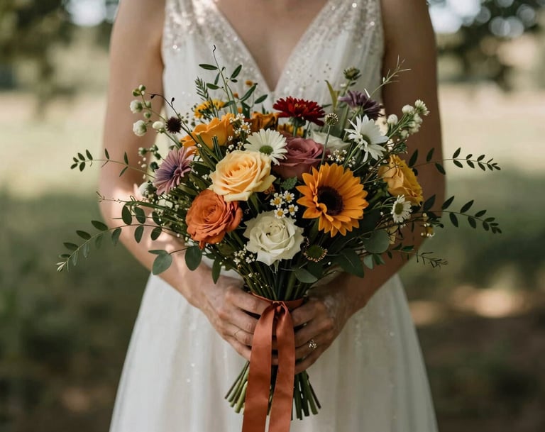 Close up detail shot of a bride's hands holding a wildflower bouquet with terracotta ribbons, sun dappled through trees in a European countryside setting, soft focus, warm cinematic photography.