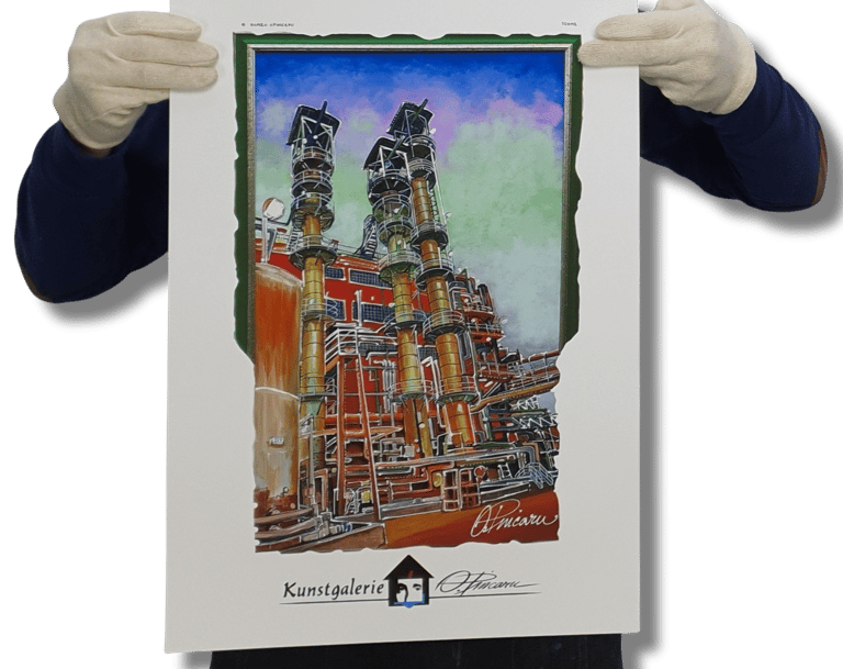 A2-Kunstdruck mit zwei Industrie-Türmen, farbigem Himmel und Leitungsnetz; Türme