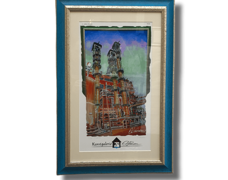 A2-Kunstdruck mit zwei Industrie-Türmen, farbigem Himmel und Leitungsnetz; Türme
