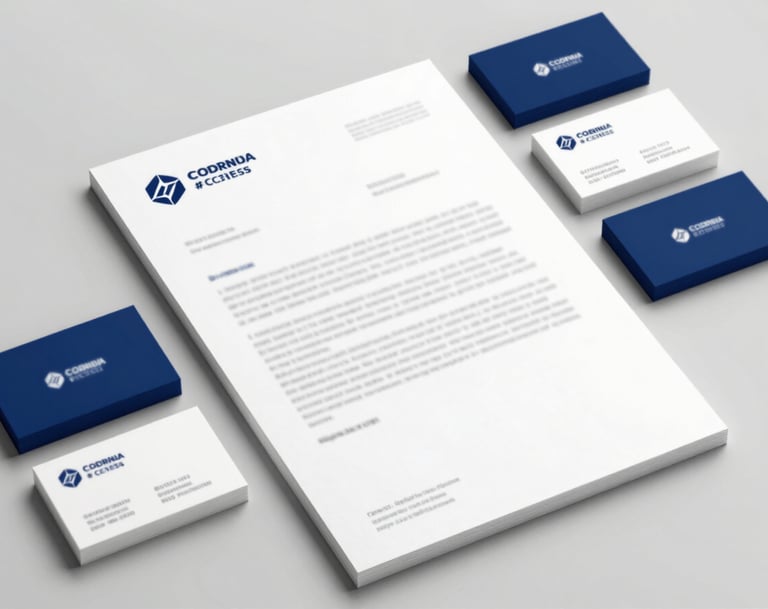 Corporate stationery set spread across a desk. Includes a letterhead and business cards featuring the brand's sophisticated blue palette (#2C3E50). The layout is uncluttered and architectural. Style is professional and forward-thinking.