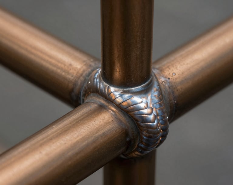 Macro photography of a seamless weld joint on a warm bronze handrail. The texture is smooth and matte, showcasing high-end technical precision and industrial elegance.