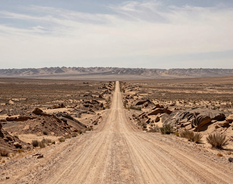 A distant view of a winding dirt road cutting through a vast desert basin in Northeast Nevada. The composition emphasizes scale and depth under a pale off-white sky. The atmosphere is one of profound tranquility and professional clarity.
