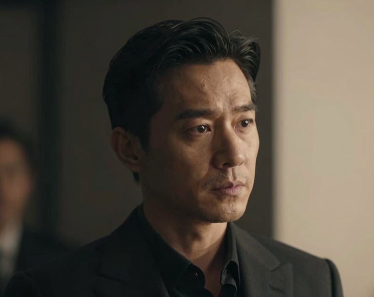 A cinematic close-up of Frank Artus performing a dramatic scene. The lighting is low-key and elegant, highlighting his facial expressions with a palette of deep charcoal (#1A1C20) and warm tan highlights (#D4C1A5).