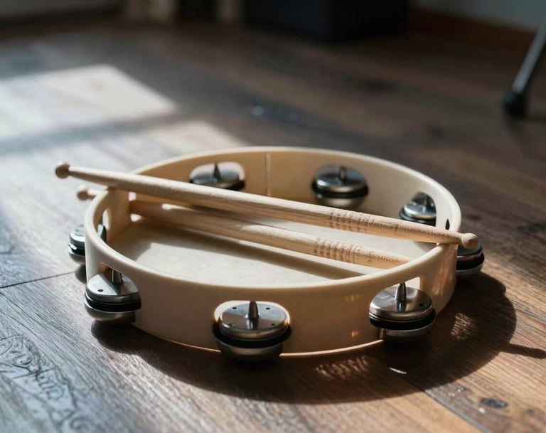 A low-angle shot of a tambourine and a pair of drumsticks resting on a wooden floor, with steel blue shadows and warm taupe highlights from a nearby window.