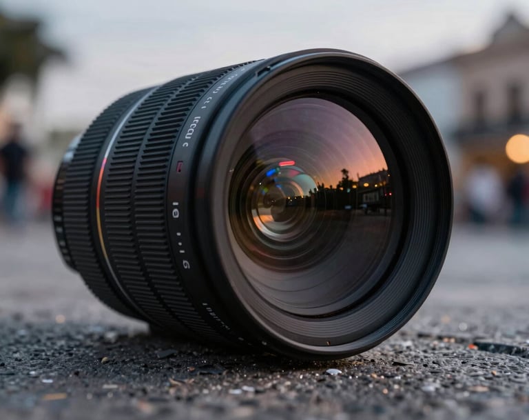 Close-up of a high-end cinema lens reflecting the neon lights of a Latin American / Hispanic urban plaza at twilight, shallow depth of field, sophisticated cool gray and dark charcoal tones.