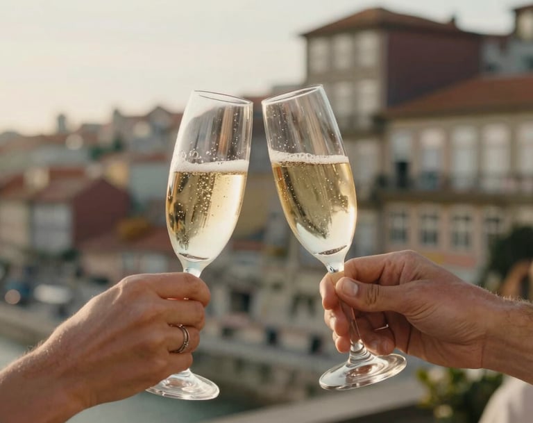 Detailed shot of two hands holding champagne glasses, clinking during a warm outdoor celebration. European Portuguese architecture in the soft-focus background, warm afternoon sun, cinematic depth of field.