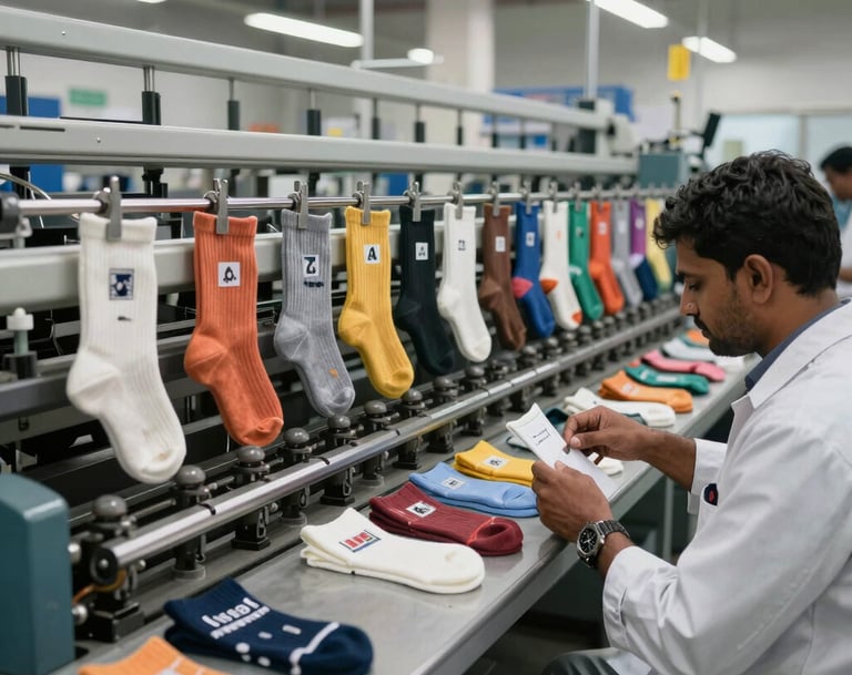 Workers inspecting socks on the production line in a clean, modern factory setting.
