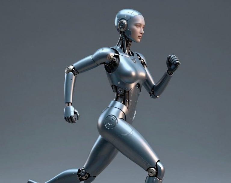 A detailed 3D character model of a cybernetic runner, sleek metallic textures reflecting a soft slate blue (#3F516B), neutral grey background, professional studio lighting, sophisticated craftsmanship.