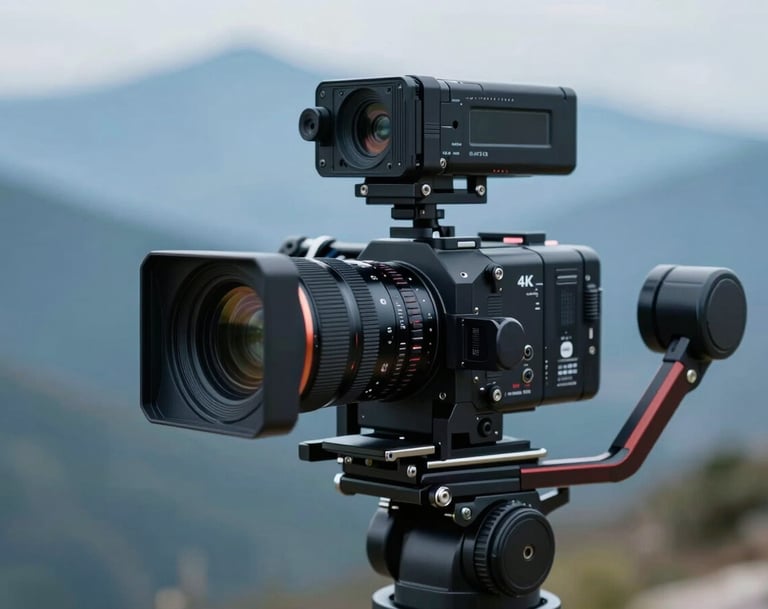 A technical close-up of a high-end 4K cinema camera mounted on a stabilized drone gimbal. The focus is sharp on the lens and mechanical components, with a background of blurred blue mountains (#415A77). The look is professional and cutting-edge.