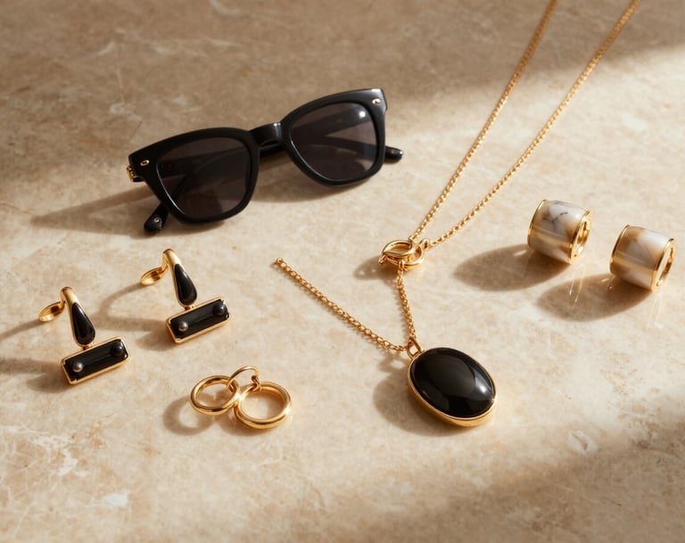 Primer plano detallado de accesorios de moda de alta gama sobre una superficie de mármol, en tonos arena y beige, iluminado por una luz de mañana cálida y clara, estilo latinoamericano contemporáneo.