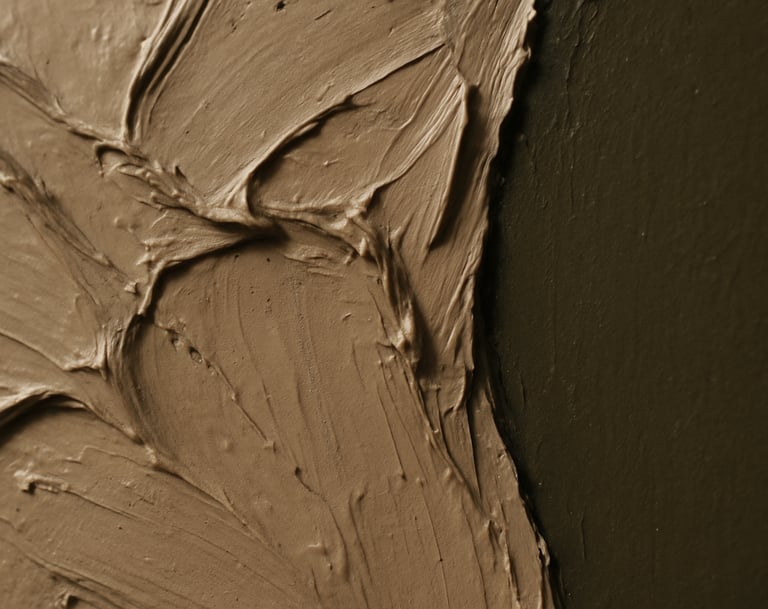 A detailed close-up shot of an abstract painting, focusing on a section of heavy impasto. The photo captures the thick, physical ridges of muted taupe paint meeting a sharp edge of olive charcoal. Subtle shadows from soft side-lighting emphasize the three-dimensional quality of the paint.
