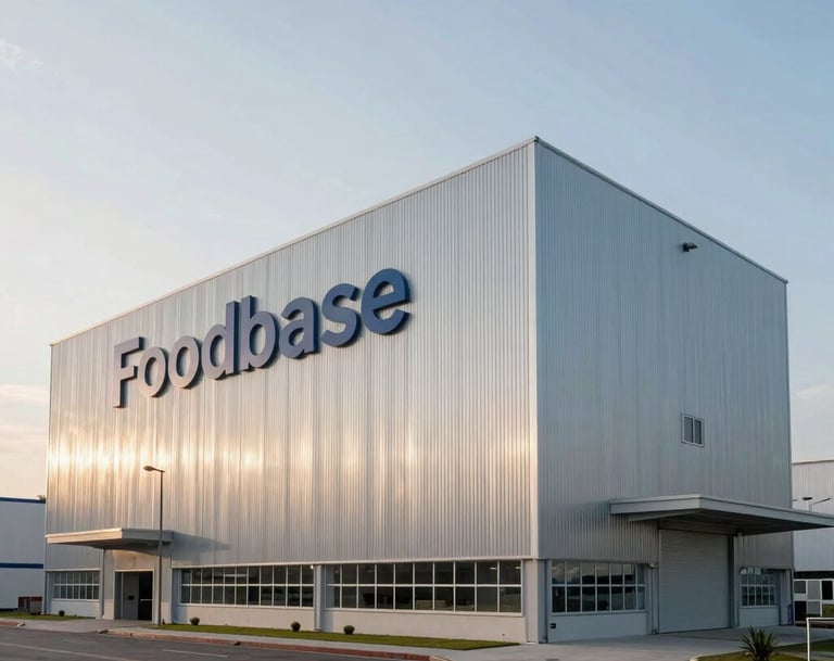 Cinematic wide shot of a modern industrial facility for Foodbase in Brazil. Clean lines, minimalist architecture, soft morning light hitting the steel surfaces, sophisticated corporate photography style.