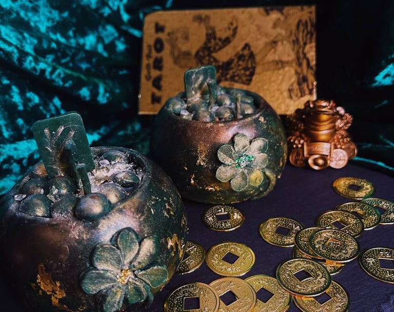 a table with coins and candle
