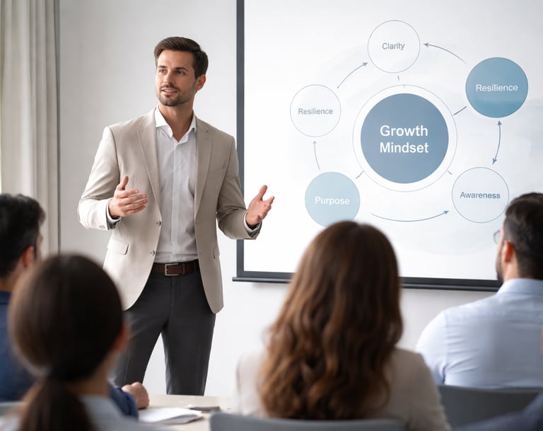 Professional thought leader delivering mindset transformation and emotional leadership training in a modern workshop setting