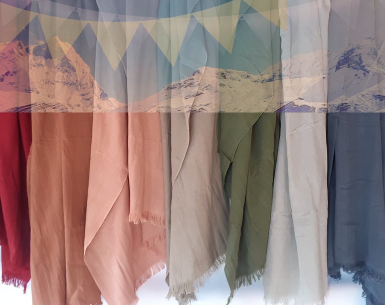 himalayan hemp fabric hanging with mountains in the back