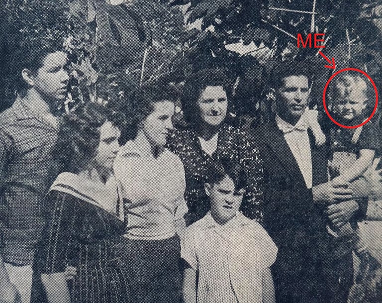 Jerry, Yudora, Suandra, Reba, Freeman, Thruman holding Newman. Taken Friday, April 25, 1958 