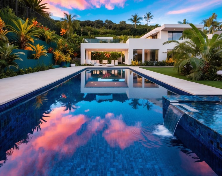 a pool with a waterfall and a waterfall