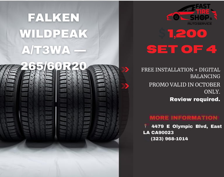 Falken Wildpeak A/T3WA 265/60R20 all-terrain tires set of four with free installation at Fast Tire S