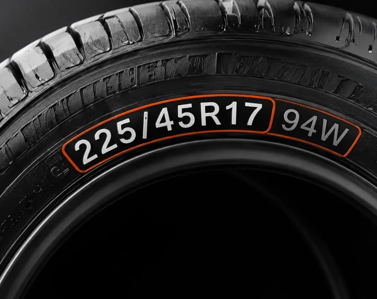 High-resolution tire size guide image showing 225/45R17 tire markings to help customers identify the