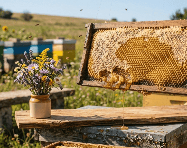 Fresh raw honey dripping from a wooden bee frame in a sunlit outdoor apiary with honeycombs and wild