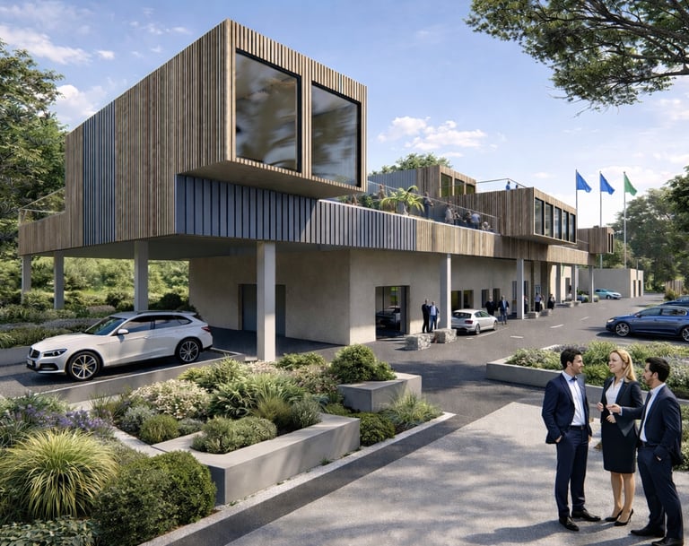 Modern sustainable commercial office building featuring timber cladding and green landscaping with business professionals.