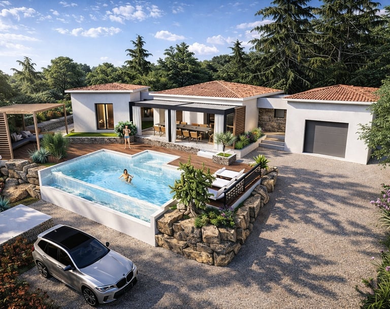 Modern luxury villa with infinity pool, outdoor patio dining, and lush landscaping.