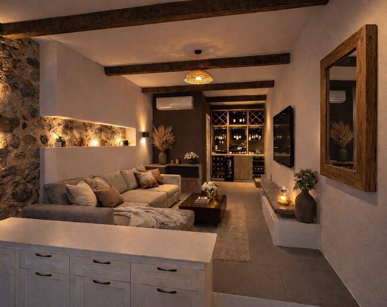 Modern rustic basement living room with a grey sectional sofa, stone walls, and a luxury wine bar.