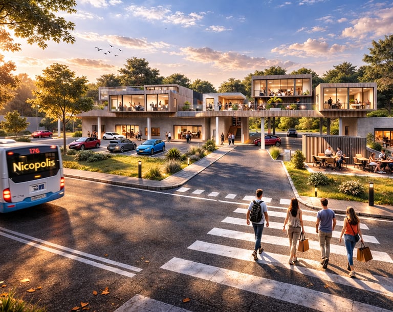 Modern sustainable mixed-use development with pedestrian crosswalks, public transit, and modular wood architecture.