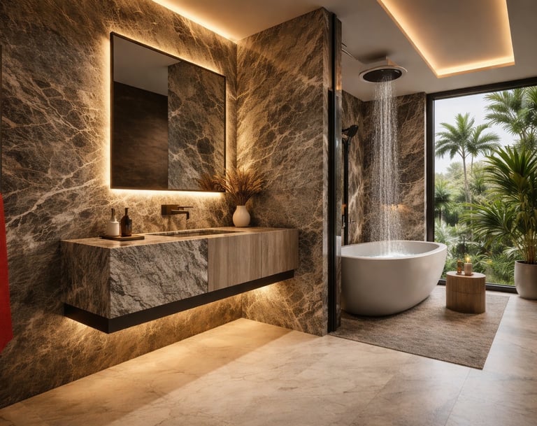 Luxury modern bathroom featuring dark marble walls, a floating vanity, and a freestanding tub with a rainfall shower.