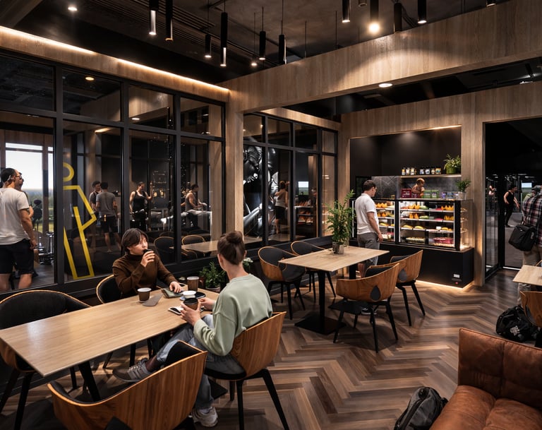 Modern gym cafe with people relaxing at wooden tables near a glass-walled fitness center.