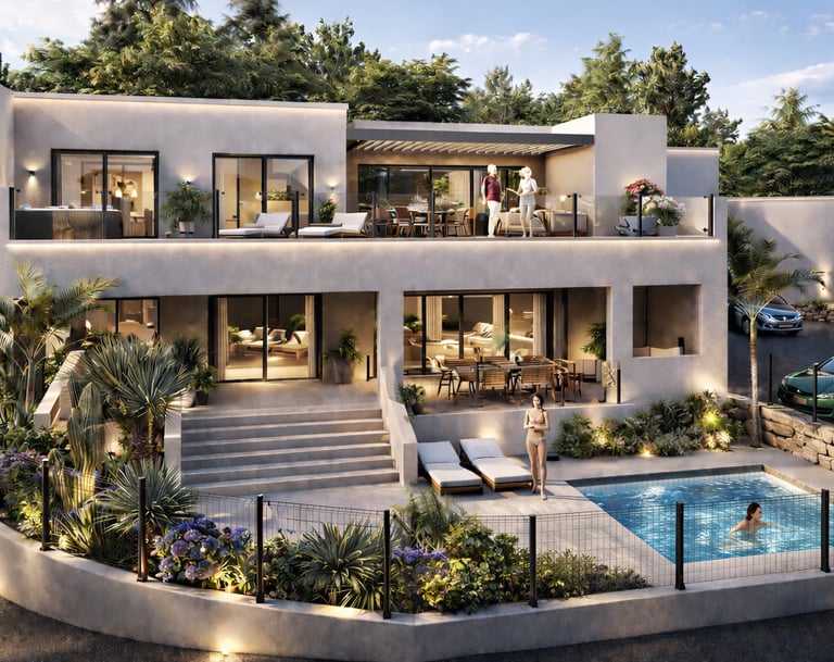 Luxury modern villa with a private swimming pool, outdoor terraces, and lush Mediterranean landscaping at sunset.