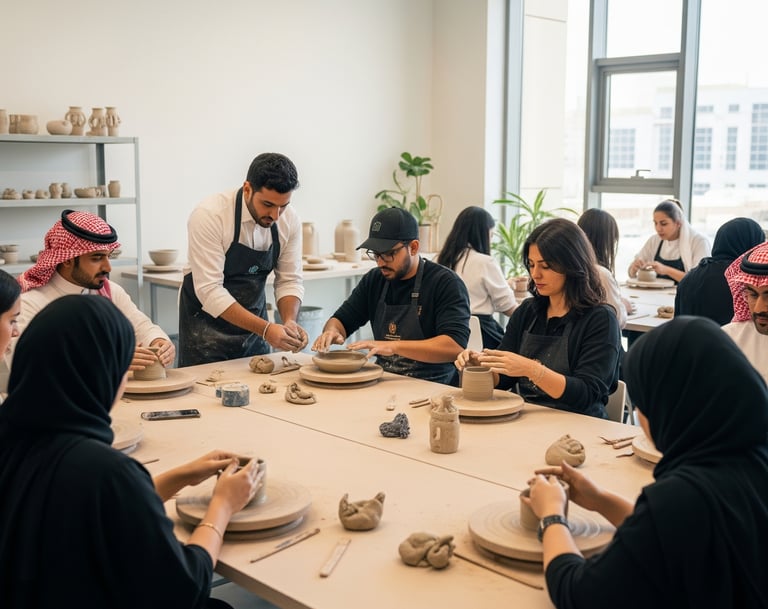 Participants attending a hands-on pottery class hosted by a local artist in Saudi Arabia through LeW