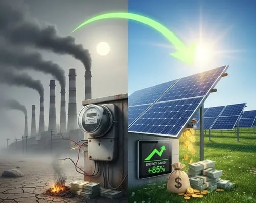 Imagen divida en dos con un fondo gris y humo y otro en color azul mostrando los beneficios de panel