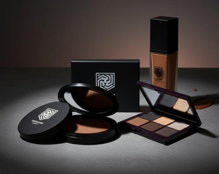 Luxury makeup set including neutral eyeshadow palette, liquid foundation, and bronze pressed powder compact.