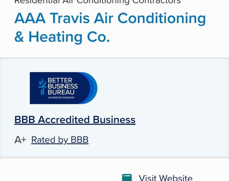 Better Business Bureau profile for AAA Travis Air Conditioning & Heating Co with contact information.