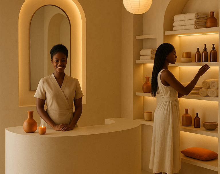 a woman in a white dress standing in front of a counter in a spa institut