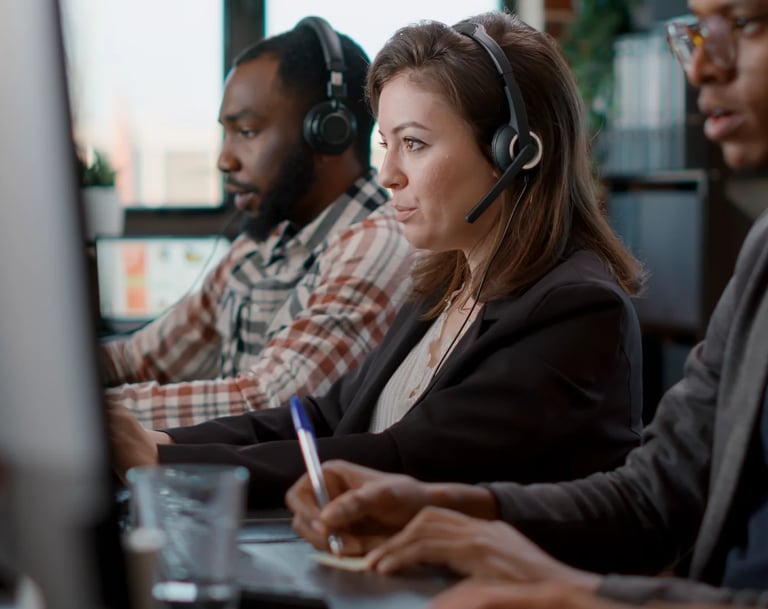 a woman in a headset with a man in a headset