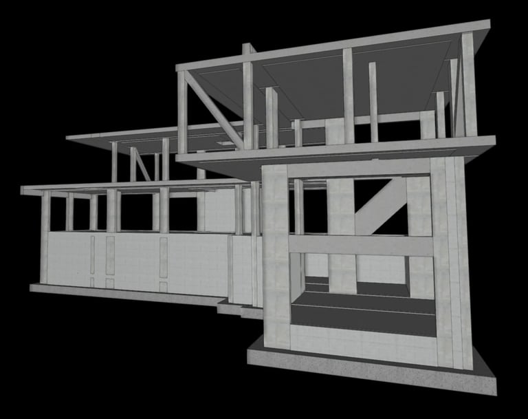 Moradia em Vila Alegre, concelho do Seixal. Projeto de Estruturas e Fundações. Vista tridimensional do modelo estrutural.