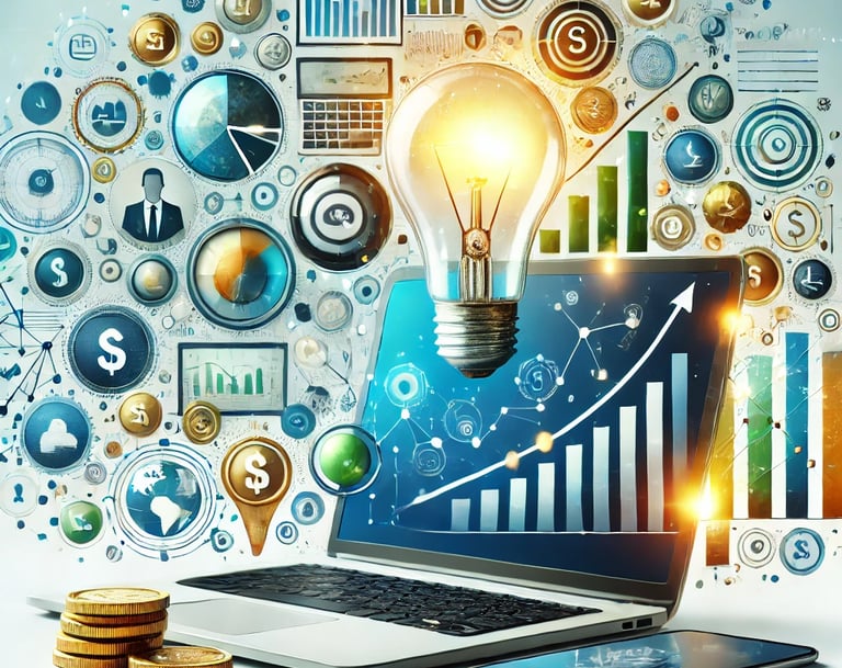 a laptop computer with a light bulb and digital business icons