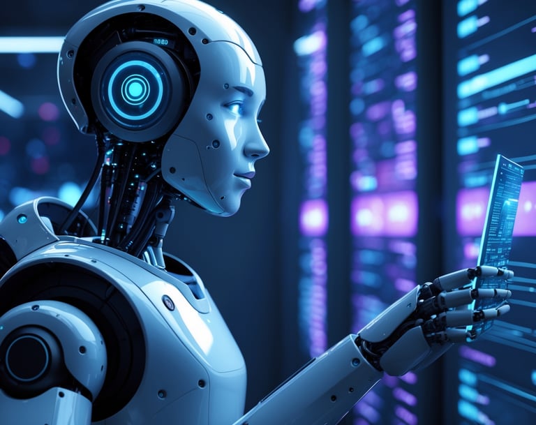 Advanced AI robot representing Natomi's virtual assistant for guest services.