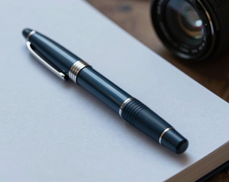 Close up shot of a sleek, dark slate blue fountain pen resting on a pale blue-grey notebook in a professional South American / Brazilian setting. The lighting is soft and natural, emphasizing textures and quality materials.