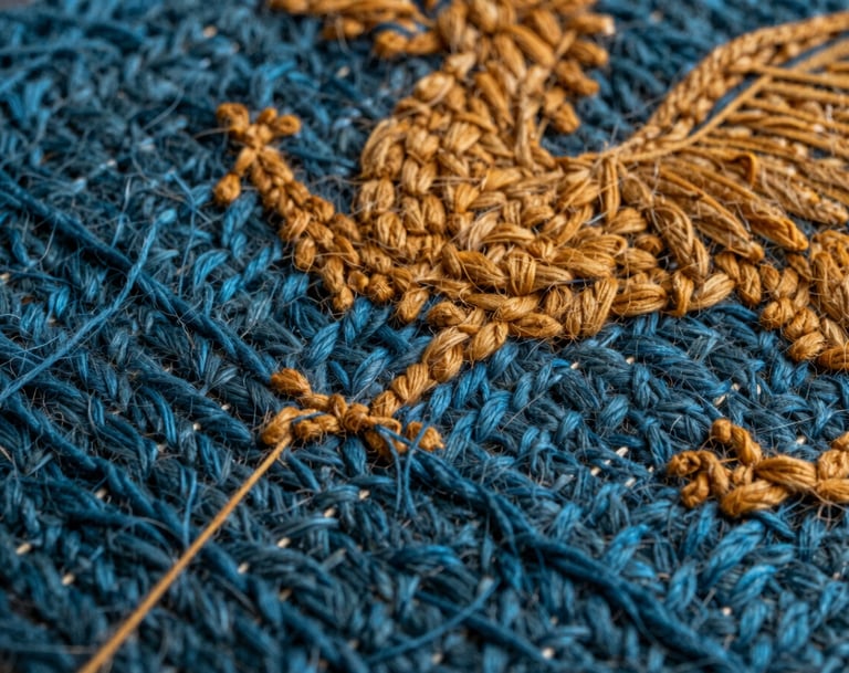 Photography showing a detailed macro shot of mixed-media artwork. Fine threads of slate blue wool are woven into a surface painted with deep midnight teal and warm ochre, creating a rich tactile contrast typical of a Northern European / Welsh / British craft tradition reimagined as contemporary art.