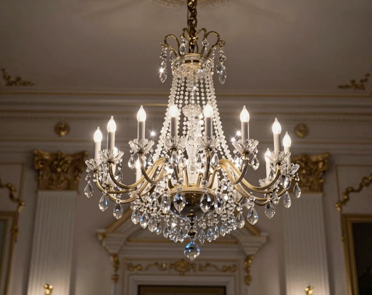 A sophisticated shot of a crystal chandelier in a grand ballroom of a historic Spanish palace, soft evening light creating sparkles, elegant and exclusive atmosphere, palette of warm grey and ivory.