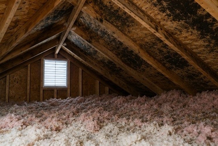 Colorado Springs attic showing black mold spreading across sheathing boards and insulation requiring professional certified