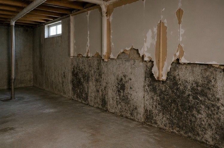 Colorado Springs basement showing visible mold growth on concrete walls and damaged drywall requiring specialist mold removal