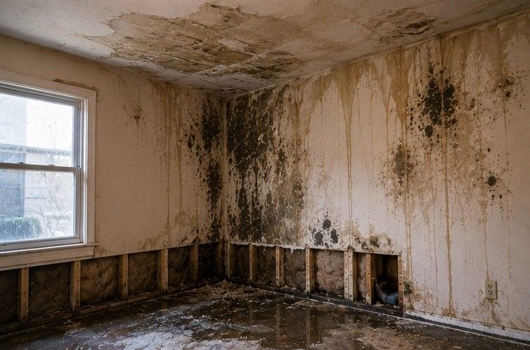 Colorado Springs home showing water stains and mold growth on walls and ceiling after water damage event requiring