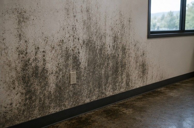 commercial building in Colorado Springs showing moisture damage and mold growth on interior walls requiring specialist